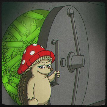 A cartoon hedgehog wearing a red mushroom-cap hat opens a massive bank vault filled with stacks of green cash, visually symbolizing the Solana token $ERIZO (Spanish for "hedgehog") surging 150% to hit $1.4 million in trading volume since launch.