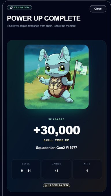 A 'POWER UP COMPLETE' screen showing +30,000 Skill Tree XP loaded for a Squadonian Gen2 #15977 character (Gorilla Petz), leveling up from 0 to 41.