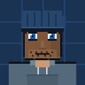 A pixel art sprite of a character wearing blue overalls/overalls with a blue cap, set against a gray brick background.