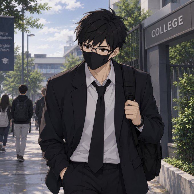 An anime-style illustration of a young man wearing glasses, a black face mask, a white shirt, black tie, and dark blazer, carrying a backpack while walking near a college campus gate.