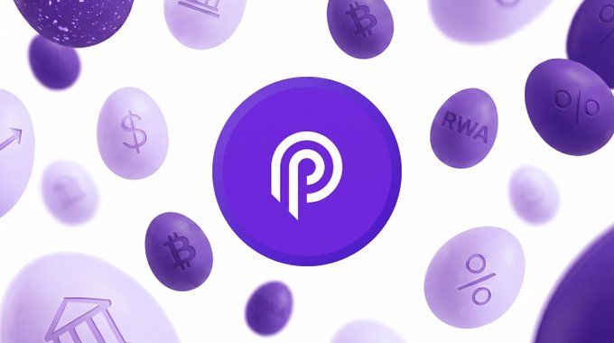 The image displays a central purple disc featuring the white Pyth Network "P" logo, surrounded by floating purple spheres and bubbles marked with various financial symbols including "$", "₿" (Bitcoin), "%", "RWA", and upward arrows, visually representing the diverse price feeds and growing Real World Asset (RWA) market data that Pyth oracle provides to the DeFi ecosystem.