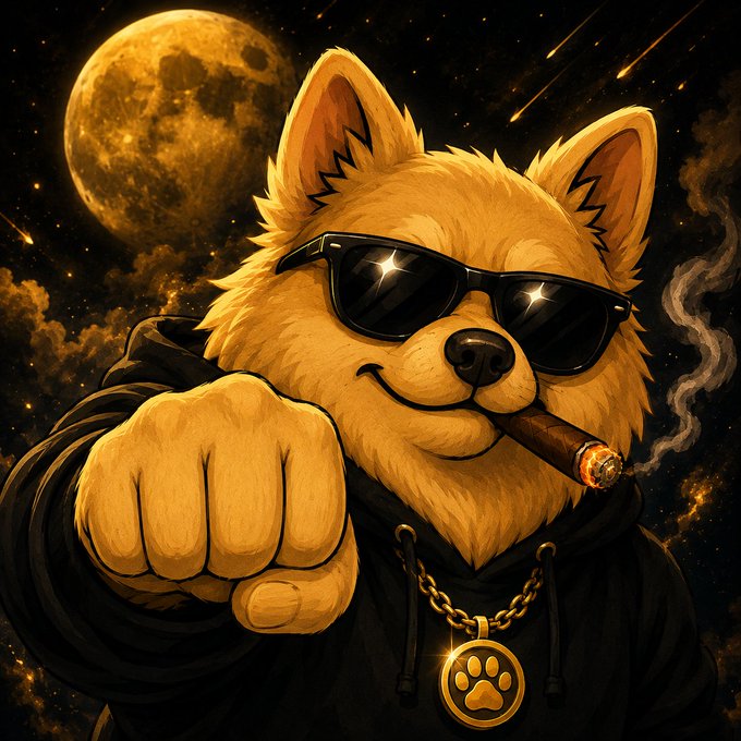 An illustrated cartoon dog character wearing sunglasses, a black hoodie, and a gold chain with a paw print medallion, smoking a cigar against a night sky with a large golden moon and shooting stars.