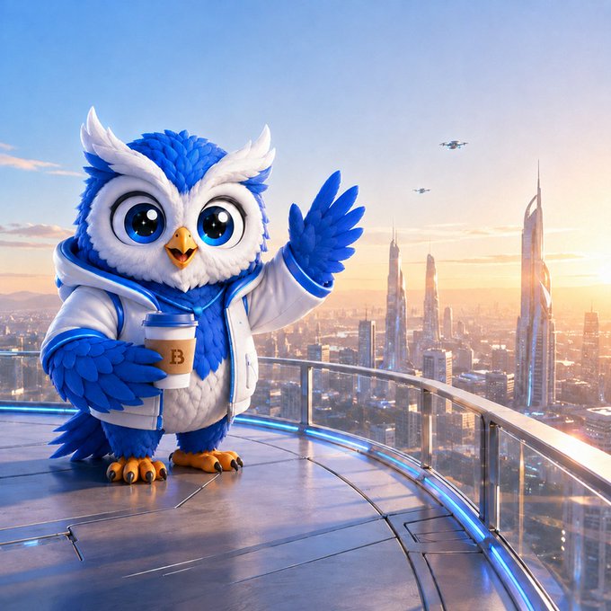 A 3D-rendered cartoon owl character with blue and white feathers, wearing a hoodie and holding a coffee cup with a 'B' logo, waving from a futuristic rooftop overlooking a city skyline at sunset.