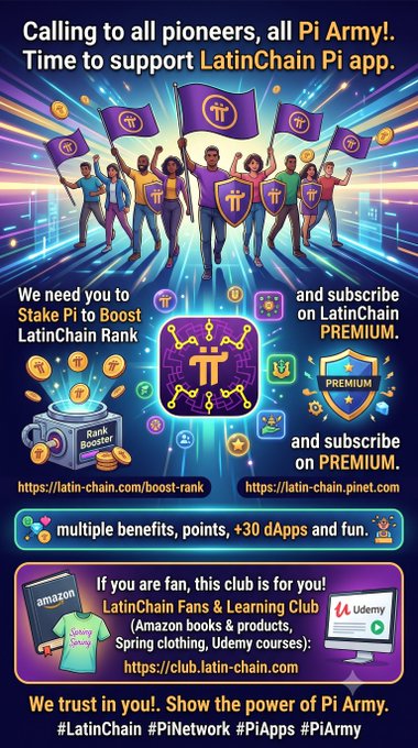 A promotional graphic featuring animated characters holding flags with a Pi logo, with text encouraging support for the 'LatinChain Pi app' and calls to 'Stake Pi to Boost LatinChain Rank' and 'subscribe on PREMIUM'.