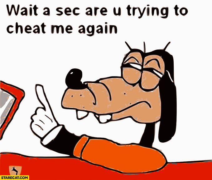 A cartoon dog character wearing glasses points an accusatory finger, with text reading "Wait a sec are u trying to cheat me again" and the watermark "STARECAT.COM." The image captures the meme's sentiment of skepticism, perfectly matching the post's expression of frustration toward the project's repeated vague promises and lack of preparedness.