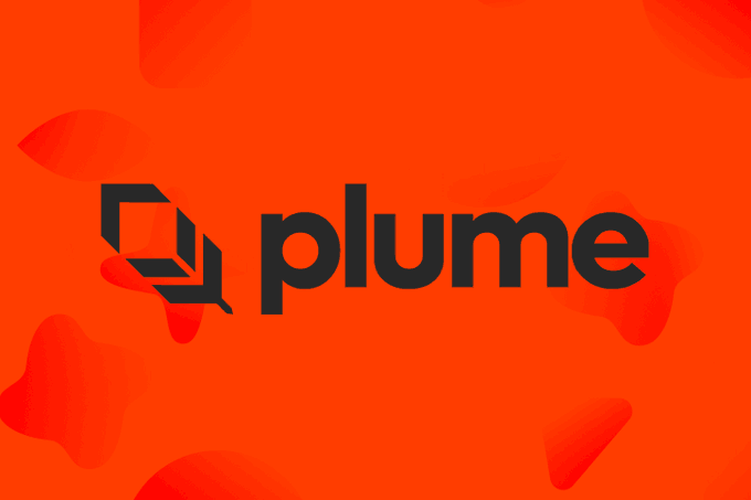 An orange graphic with darker orange abstract shapes displaying the black 'plume' logo and wordmark.