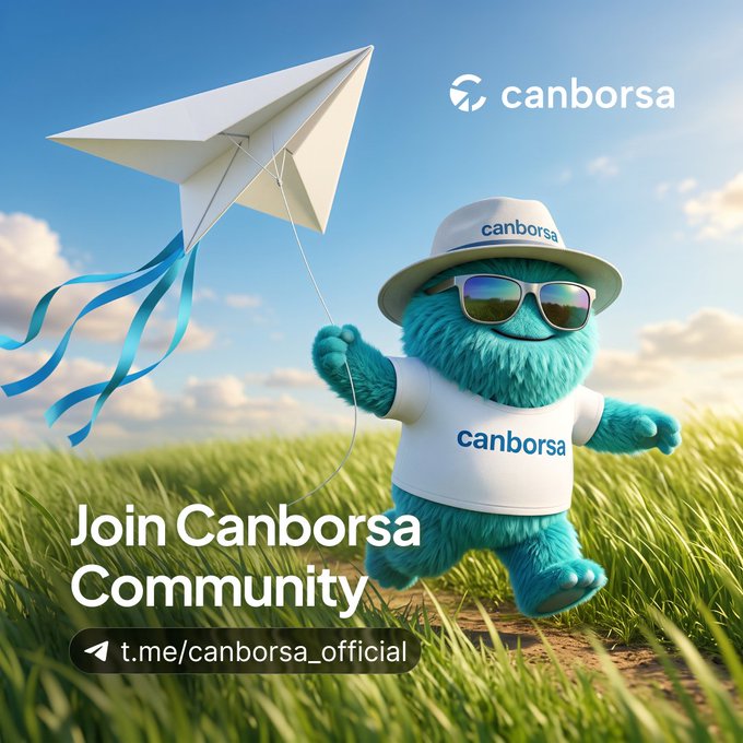 A promotional graphic for 'canborsa' features a fluffy teal mascot wearing sunglasses and a hat flying a paper airplane over a grassy field. Text reads 'Join Canborsa Community' and 't.me/canborsa_official'.
