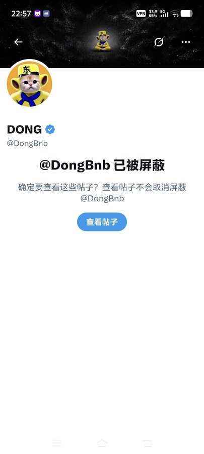 A mobile screenshot of an X (Twitter) profile for @DongBnb with Chinese text stating '@DongBnb 已被屏蔽' (has been blocked), showing a cat avatar wearing a hat with a Chinese character.