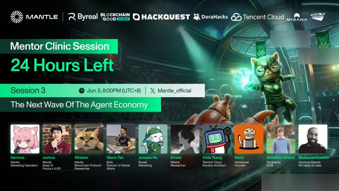 The image features a poster or banner with a list of people's names displayed along with a description of an event, likely a webinar or online meeting. The event appears to be about the future of the Agentic Economy, as indicated by the title "The Next Wave of the Agentic Economy". The poster also includes a photo of a cat and a dog, which adds a creative touch to the presentation. The image is accompanied by text that reads: "24 Hours Left" and "The Next Wave of the Agentic Economy", suggesting that there might be an event or webinar scheduled for the next 24 hours related to the Agentic Economy.