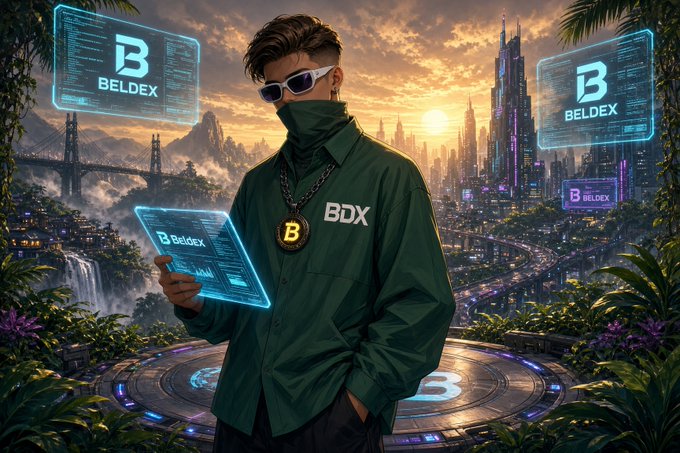 A stylized cyberpunk-themed illustration shows a man wearing sunglasses, a face covering, and a green 'BDX' jacket with a 'B' medallion, holding a Beldex-branded holographic display against a futuristic cityscape with 'BELDEX' logos floating.