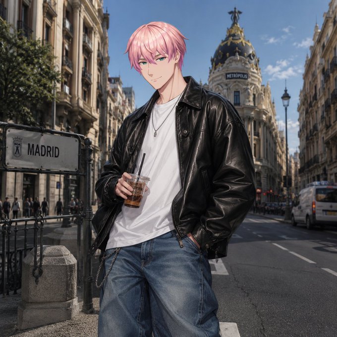 The image features a man wearing a black leather jacket and blue jeans standing next to a street sign for Madrid. He has pink hair and is holding a drink in his hand, possibly enjoying a weekend or taking a break from studying. The surrounding area includes buildings and cars, indicating an urban setting. The post also mentions that the person is still studying $RIVER, which could be related to their current situation or interests.

The image seems to focus on the man's appearance and his surroundings rather than providing any additional information about the study material or the specific topic of discussion in the post.