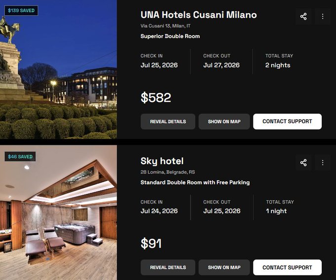 A travel booking screenshot showing hotel listings: UNA Hotels Cusani Milano for $582 (2 nights, Jul 25-27, 2026) and Sky hotel in Belgrade for $91 (1 night, Jul 24-25, 2026).