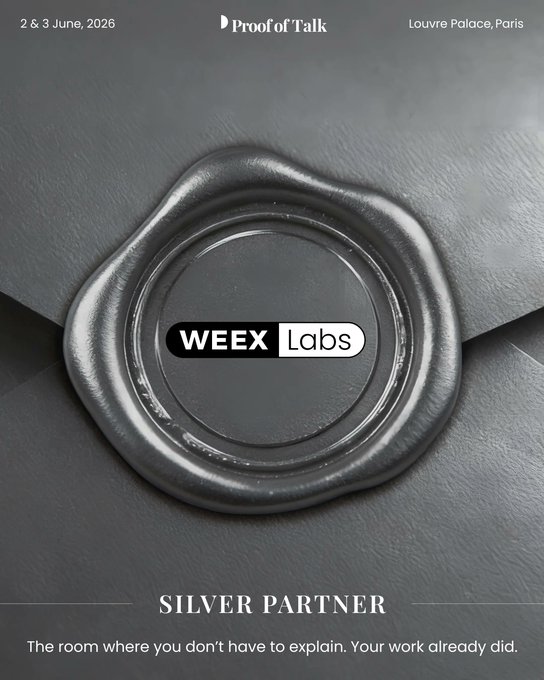 The image features a silver seal with the words "WEEX Labs" written on it, which appears to be a part of an advertisement or promotional material for a company called WEEX Labs. The seal is placed over a gray envelope, creating a contrast between the metallic sheen and the dark background. The text in the image reads: "No Shilling. No Noise. Pure Alpha Only. Where cold code meets a Parisian night. WEEX Labs is proud to be an Official Sponsor of @proofoftalk". This message emphasizes the importance of transparency, trust, and authenticity in business transactions.