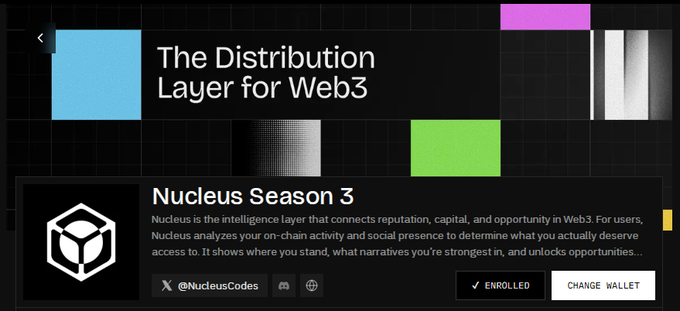 A web3 interface showing 'The Distribution Layer for Web3' and 'Nucleus Season 3' with a description of Nucleus as the intelligence layer for reputation and capital in Web3.