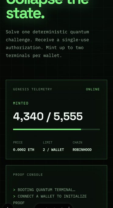 The image displays a "Genesis Telemetry" dashboard in green text on a dark background, showing that 4,340 out of 5,555 units have been minted at a price of 0.0002 ETH with a limit of 2 per wallet on the Robinhood chain, alongside a "Proof Console" instructing users to "Booting quantum terminal" and "Connect a wallet to initialize proof."

The Chinese caption translates to "It's listed, I'll grab a hundred, don't fleece me," suggesting the poster is eager to mint as many as possible before the price increases or supply runs out—a sentiment reflected by the dashboard showing the mint count rapidly approaching its 5,555 cap.