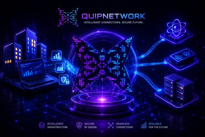 A futuristic purple and blue digital graphic for 'QUIPNETWORK' with the tagline 'INTELLIGENT CONNECTIONS. SECURE FUTURE,' featuring a central X-shaped tech logo surrounded by icons representing laptops, servers, and data, with features listed: 'INTELLIGENT INFRASTRUCTURE,' 'SECURE BY DESIGN,' 'SEAMLESS CONNECTIONS,' and 'SCALABLE FOR THE FUTURE.'