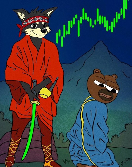 The image shows a raccoon dressed as a samurai in red robes with a sword, leading a hesitant bear in a blue tracksuit up a mountain, with a rising green candlestick chart in the background symbolizing a bullish market trend—reflecting the post's message about confidently leading the pack upward despite the bear's reluctance.