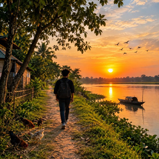 A scenic sunset view along a river with a person wearing a backpack walking on a dirt path, chickens nearby, and a boat on the water under an orange sky.