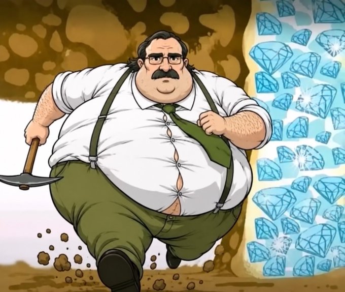 A cartoon illustration of a heavyset man with a mustache, wearing a white shirt, suspenders, and a green tie, running with a pickaxe past a wall of sparkling blue diamonds.
