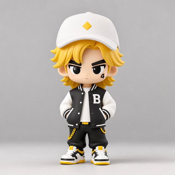 The image features a figurine of a boy wearing a baseball cap, black and white jacket with a B on his chest, and matching shoes. The figurine appears to be posed for a photo against a gray background. There is no text present in the image, but it seems that there might be some information about the figurine or its creator related to the post.