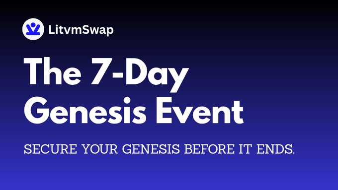 A promotional graphic with the "LitvmSwap" logo and large text announcing "The 7-Day Genesis Event" and "SECURE YOUR GENESIS BEFORE IT ENDS" against a blue gradient background.