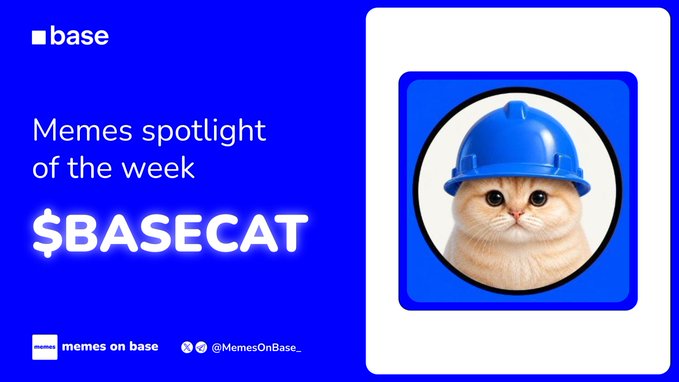Promotional graphic for Base featuring "Memes spotlight of the week $BASECAT" with an image of an orange cat wearing a blue hard hat, and the X handle @MemesOnBase_ at the bottom.