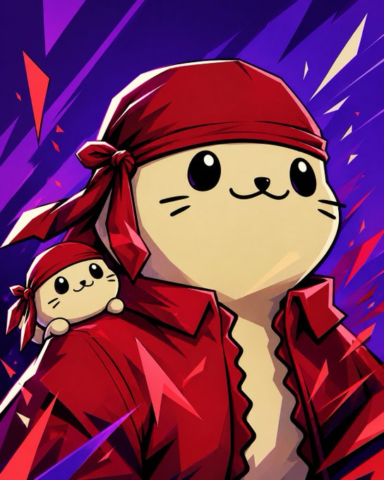 An anime-style illustration of a small, cute seal-like creature wearing a red bandana and red jacket, with a smaller version of itself peeking over its shoulder against a dynamic purple and pink jagged background.