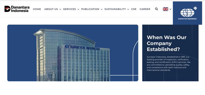 The image shows a webpage from Danantara Indonesia featuring Surveyor Indonesia, established in 1991 as a leading inspection, verification, testing, and certification (IVTC) services company committed to quality, safety, and compliance standards, complementing the partnership announcement between $DMTR (@dimitratech) and PT Surveyor Indonesia for national-scale digital validation infrastructure.