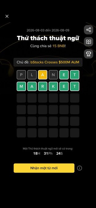 A Wordle-style puzzle app in Vietnamese titled 'Thử thách thuật ngữ' displays the hint 'bStocks Crosses $500M AUM' with the words 'PLANET' and 'MARKET' solved and a timer showing 18 hours, 31 minutes, 24 seconds remaining.