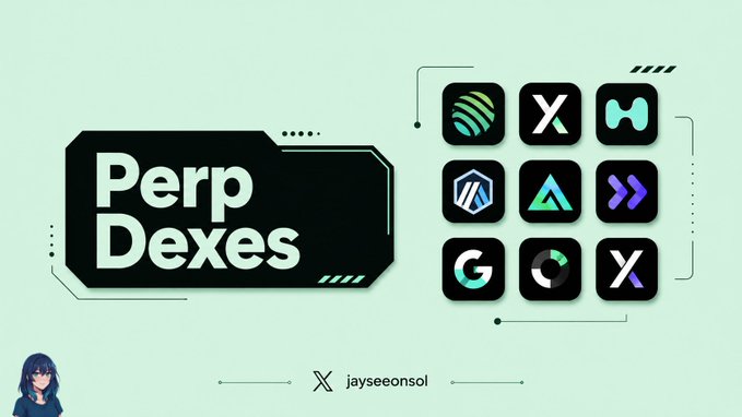 The image is a graphic titled "Perp Dexes" featuring a grid of 9 cryptocurrency protocol logos, with the post likely continuing to identify them. The accompanying text discusses the creator's choice to focus on perpetual futures content rather than AI, citing the saturated creator landscape in AI versus the room to stand out in perps, while learning the market through protocols like Hyperliquid.