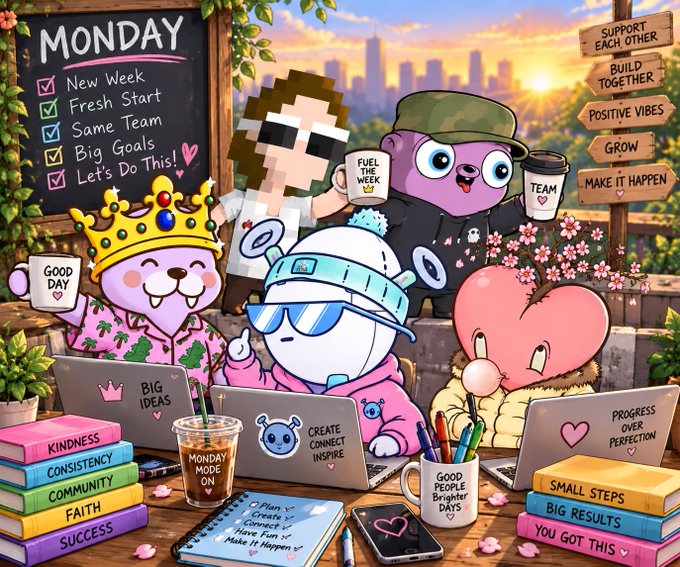 A group of cartoon characters gather around laptops and coffee mugs on a cheerful Monday morning, surrounded by motivational signs reading "Support Each Other," "Build Together," "Positive Vibes," "Grow," and "Make It Happen," alongside a "MONDAY" checklist ("New Week, Fresh Start, Same Team, Big Goals, Let's Do This!") and stacks of books labeled "Kindness," "Consistency," "Community," "Faith," "Success," and "Big Results."

The whimsical image perfectly illustrates the post's uplifting message of starting fresh, supporting one another, and choosing "balcony people" who lift you up—as the friendly crew fuels up with coffee ("Fuel the Week") to collaborate and make it a great week together.
