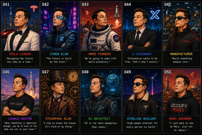 A grid of ten illustrated cards features Elon Musk in various themed personas including 'TESLA LEGEND', 'CYBER ELON', 'MARS PIONEER', 'X VISIONARY', 'MANUFACTURER', 'LAUNCH MASTER', 'STEAMPUNK ELON', 'AI ARCHITECT', 'STARLINK BUILDER', and 'MARS DREAMER', each with a short quote underneath.