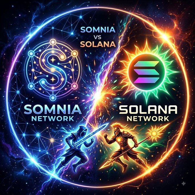 A vibrant digital graphic depicting a battle between the SOMNIA NETWORK and SOLANA NETWORK, featuring their respective logos and warriors clashing with swords against a cosmic backdrop.