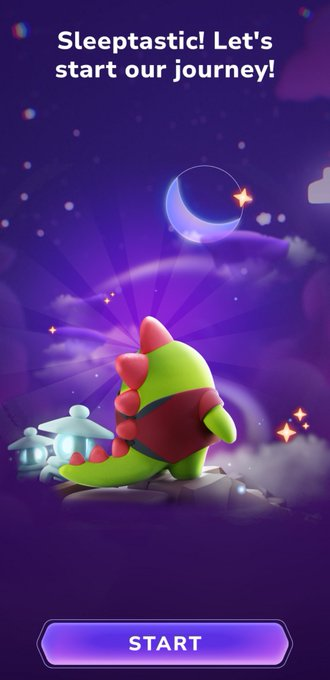 A mobile game splash screen reading 'Sleeptastic! Let's start our journey!' featuring a cartoon green dinosaur with red spikes sleeping under a crescent moon.