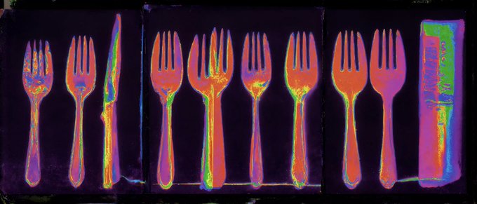 A series of thermal/infrared images showing a row of forks and a knife rendered in bright pink, orange, and purple heat signatures against a dark background.