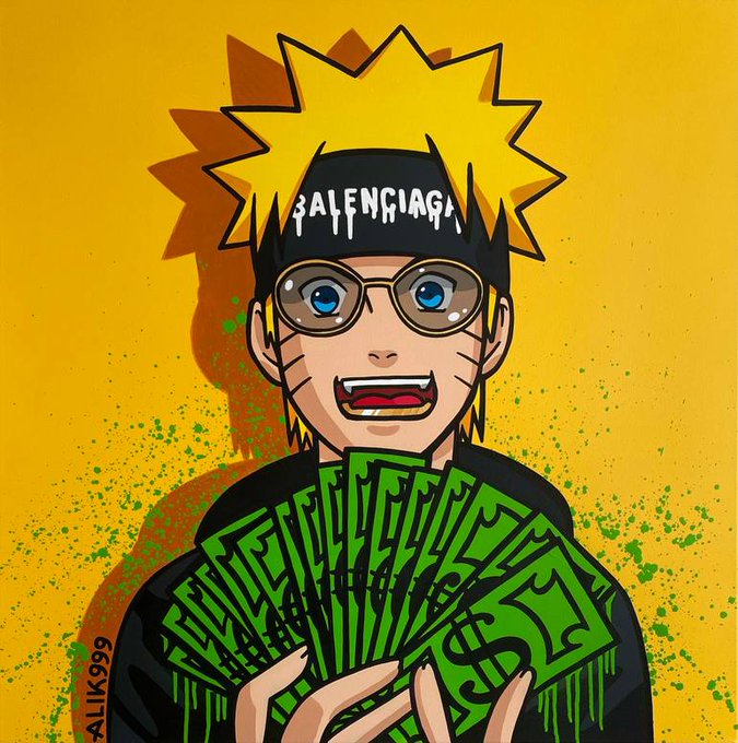 An anime-style illustration of a Naruto-inspired character wearing a "BALENCIAGA" headband and round goggles, gleefully holding a fan of green dollar bills, with "ALIK999" signed in the corner—visually capturing the confident, money-driven spirit of "WE WILL MAKE IT."