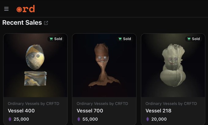 A screenshot of a digital marketplace showing "Recent Sales" for "Ordinary Vessels by CRFTD," displaying three sold 3D-modeled grotesque vessels (Vessel 400, Vessel 700, Vessel 218) priced between 20,000 and 55,000.