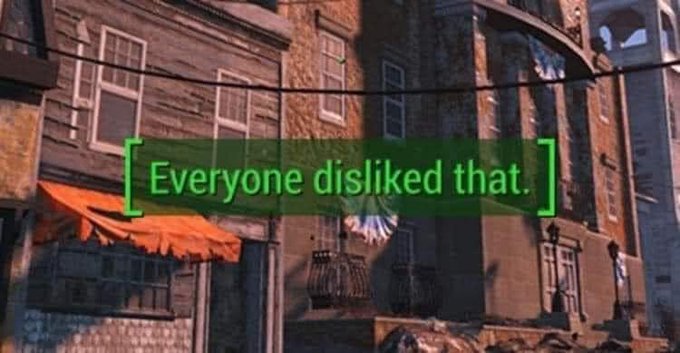 Screenshot from a video game showing a green subtitle reading '[ Everyone disliked that. ]' over an urban European-style street scene.