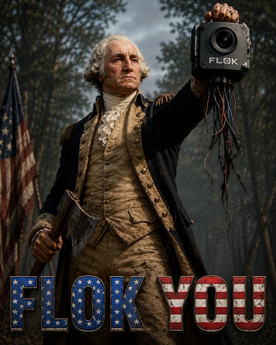George Washington stands defiantly in 18th-century military attire, holding up a severed FLOK camera with frayed wires, accompanied by the text "FLOK YOU" styled with the American flag. The image playfully frames FLOK as a modern surveillance threat, suggesting that American liberty has endured for 250 years precisely because such invasive technology was never part of the nation's founding values.