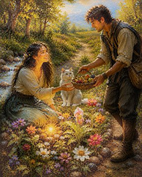 An illustrated scene shows a man offering a basket of red fruit to a seated woman with long dark hair in a meadow full of colorful flowers and a small white dog nearby.
