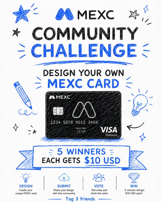 A promotional flyer for the "MEXC COMMUNITY CHALLENGE" invites users to design their own MEXC card, with 5 winners each receiving $10 USD.