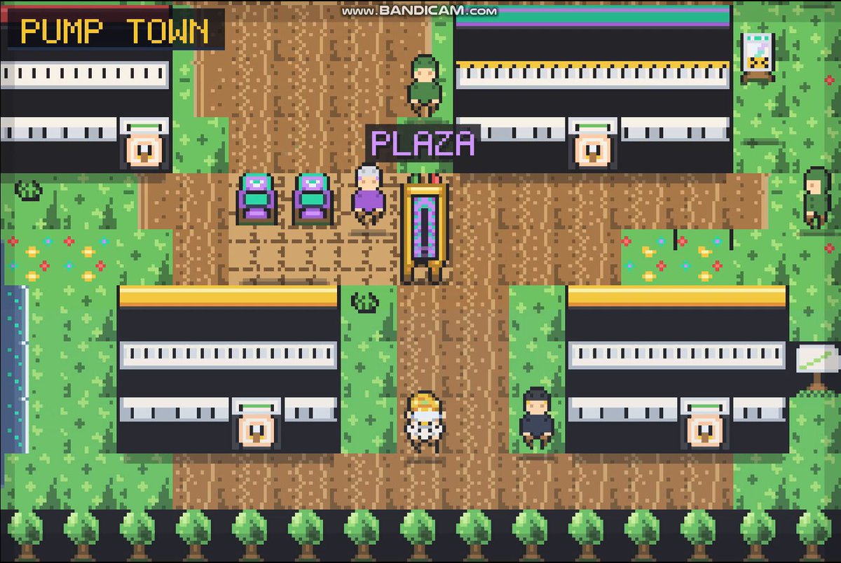 The image shows an exciting video game scene set within a pixel art style map of the downtown area called Pump Town. The town features three tall buildings at different levels, two with open doors inviting players to enter, while the third building stands vacant. There are also two small boats floating on a nearby river, adding to the dynamic nature of the environment. 

The main characters in this game appear to be a couple and another player who is looking on as the others proceed into the first of three open doors. There's a sense of adventure and camaraderie as the players explore and potentially battle with other players throughout the game, which seems to offer an immersive experience beyond what might typically occur within a regular video game setting.