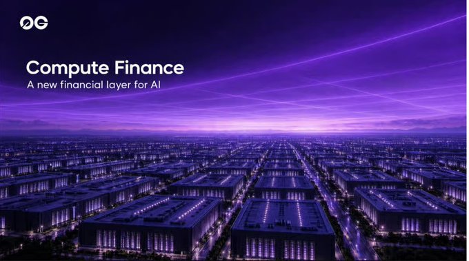A promotional graphic for 'Compute Finance' with the tagline 'A new financial layer for AI' set against a purple-lit cityscape of server buildings.