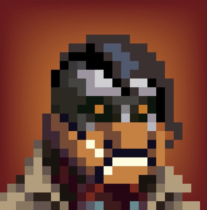 A pixel art portrait of a person with dark hair and a wide smile set against a red-orange gradient background.