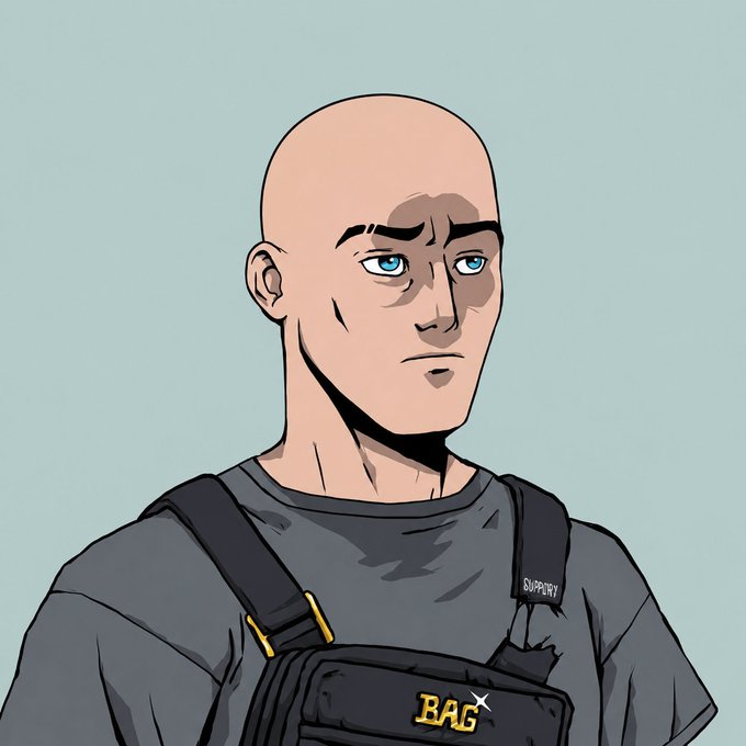 A digital illustration of a bald man with blue eyes wearing a gray shirt and black tactical vest labeled "BAG" and "SUPPLY" straps.