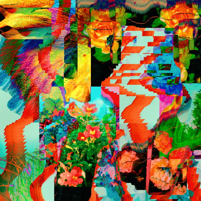 A vibrant, glitch-style digital artwork composed of overlapping floral images in red, orange, yellow, green, and blue hues.