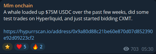 The image is a social media post titled "Mlm onchain" reporting that a whale loaded up $75M USDC, conducted test trades on Hyperliquid, and began bidding CXMT, with a Hypurrscan link for the address 0x9a80d88c21be60e870d07d852390e92d09223cf2. It directly supports the post's caption about a "$75M HL whale bidding $CXMT on Hyperliquid."