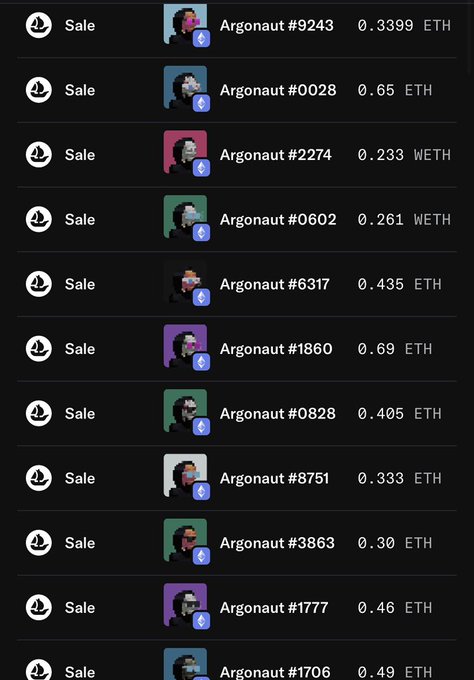 A list of NFT sales for various "Argonaut" items, showing transaction amounts in ETH and WETH.