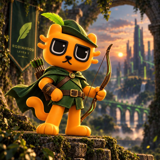 A 3D-rendered cartoon cat dressed as Robin Hood, complete with a feathered cap, green tunic, and bow, stands on mossy stone ruins with a banner reading "ROBINHOOD LAYER 2" behind it.