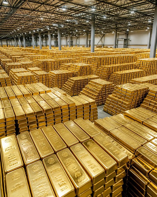 A massive warehouse is filled with stacks of gold bars neatly arranged on pallets under industrial lighting.